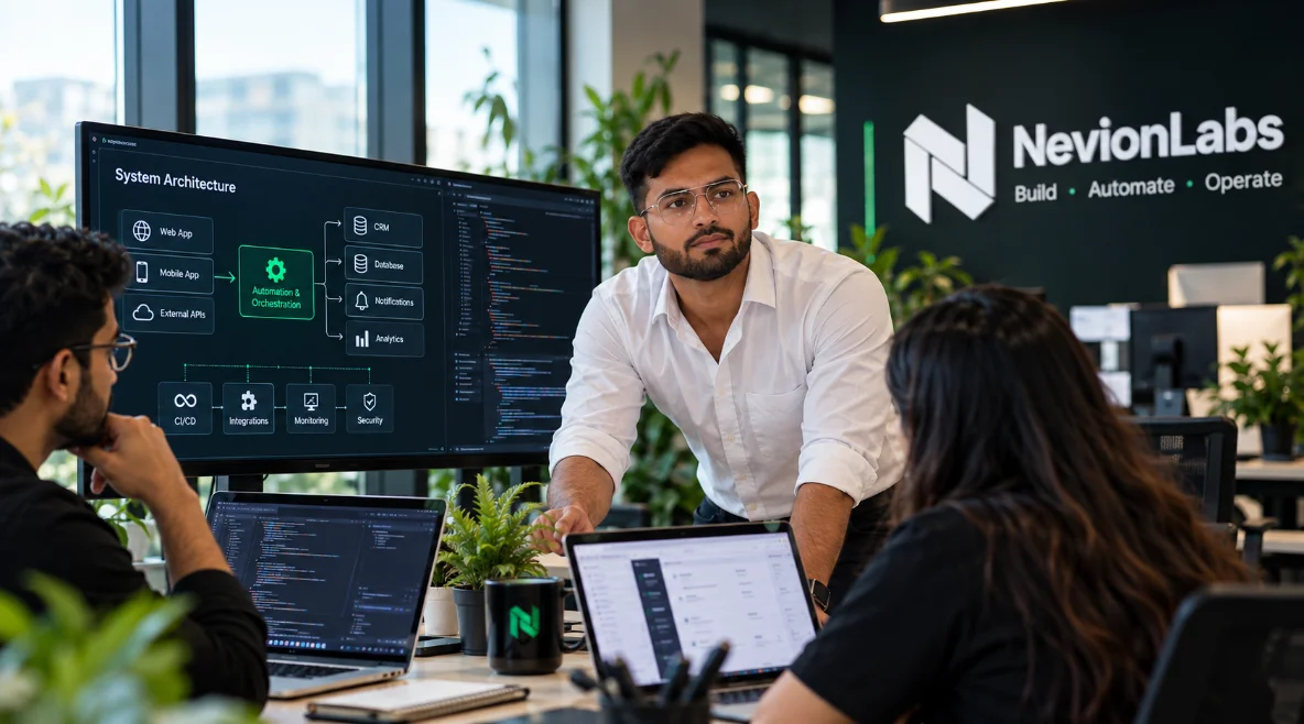 Nevion Labs team members in the office reviewing a system architecture diagram